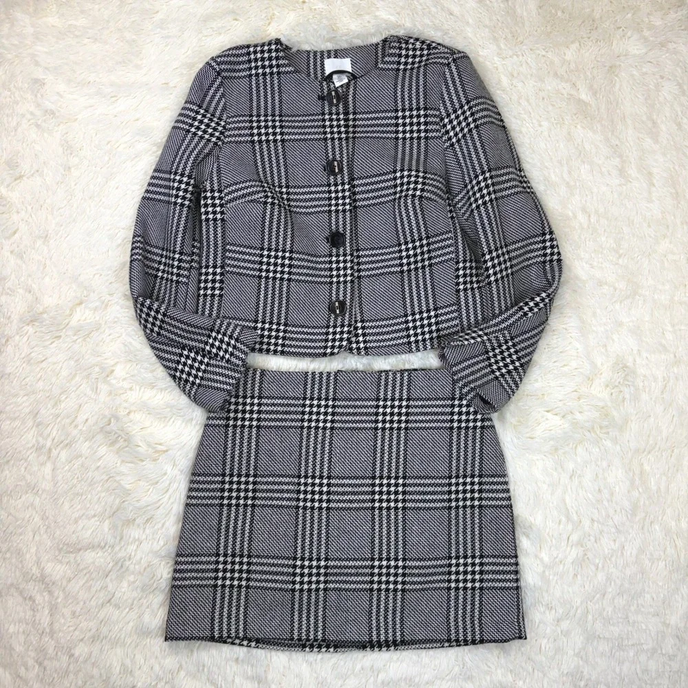 H&M Skirt Suit Set Women 8 & M Black White Glen Plaid Cropped Clueless Cher